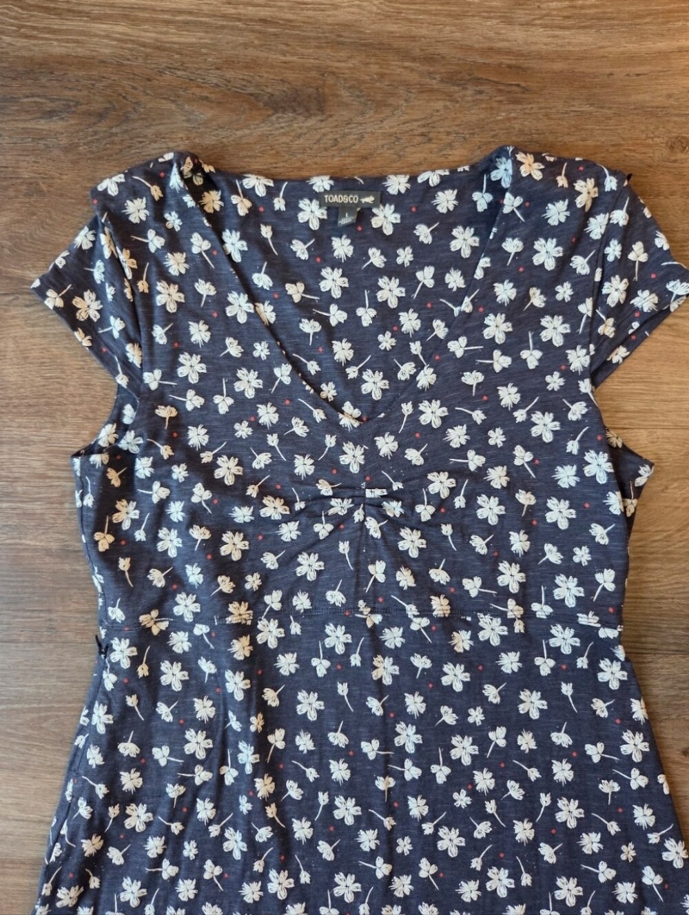 Toad&Co Navy Floral Print Short Sleeved above the Knee Length Dress Size Large - Picture 6 of 12